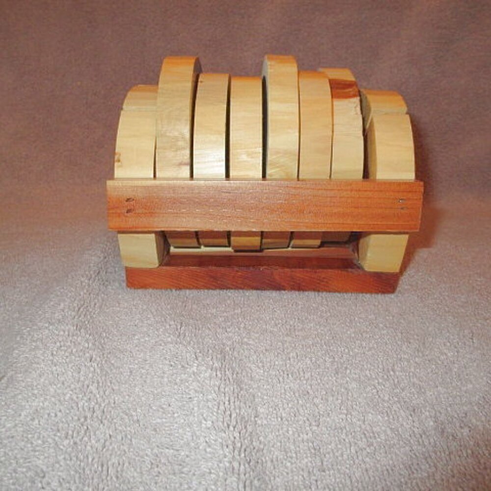 Vtg Cedar Wood Coasters With Holder Set Of 6 Rustic Log Cabin Ski Lodge Western